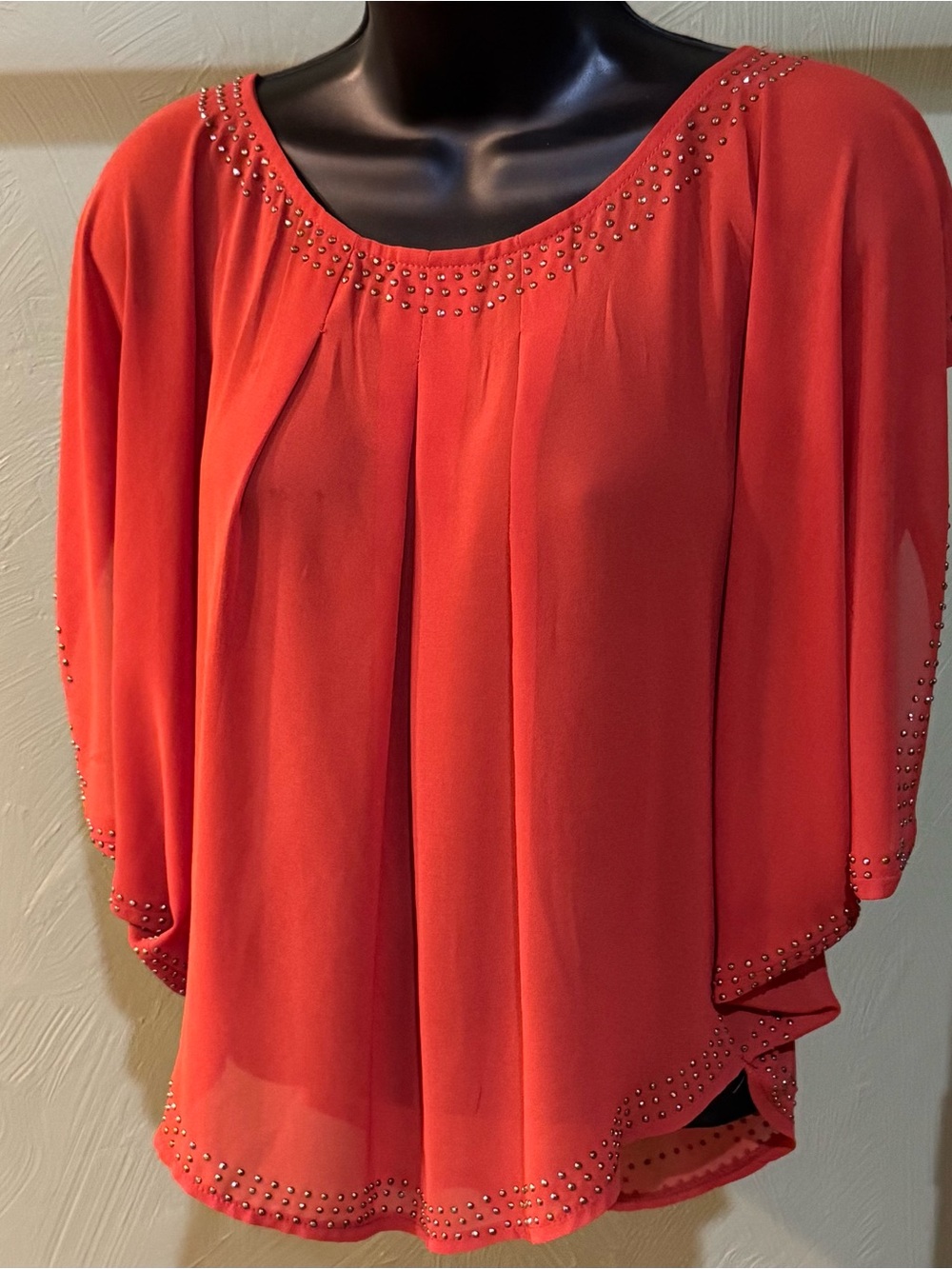 Love J Coral Orange Rust Dolman Flutter Sleeve Beaded Boho Blouse Women’s Size M